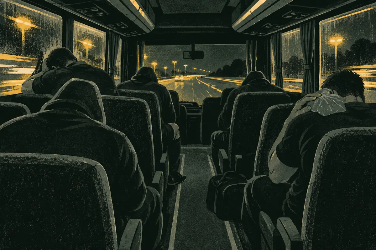 Dessin : l'intérieur d'un bus de nuit sur l'autoroute, des joueurs silencieux de dos, un sac de glace sur l'épaule.